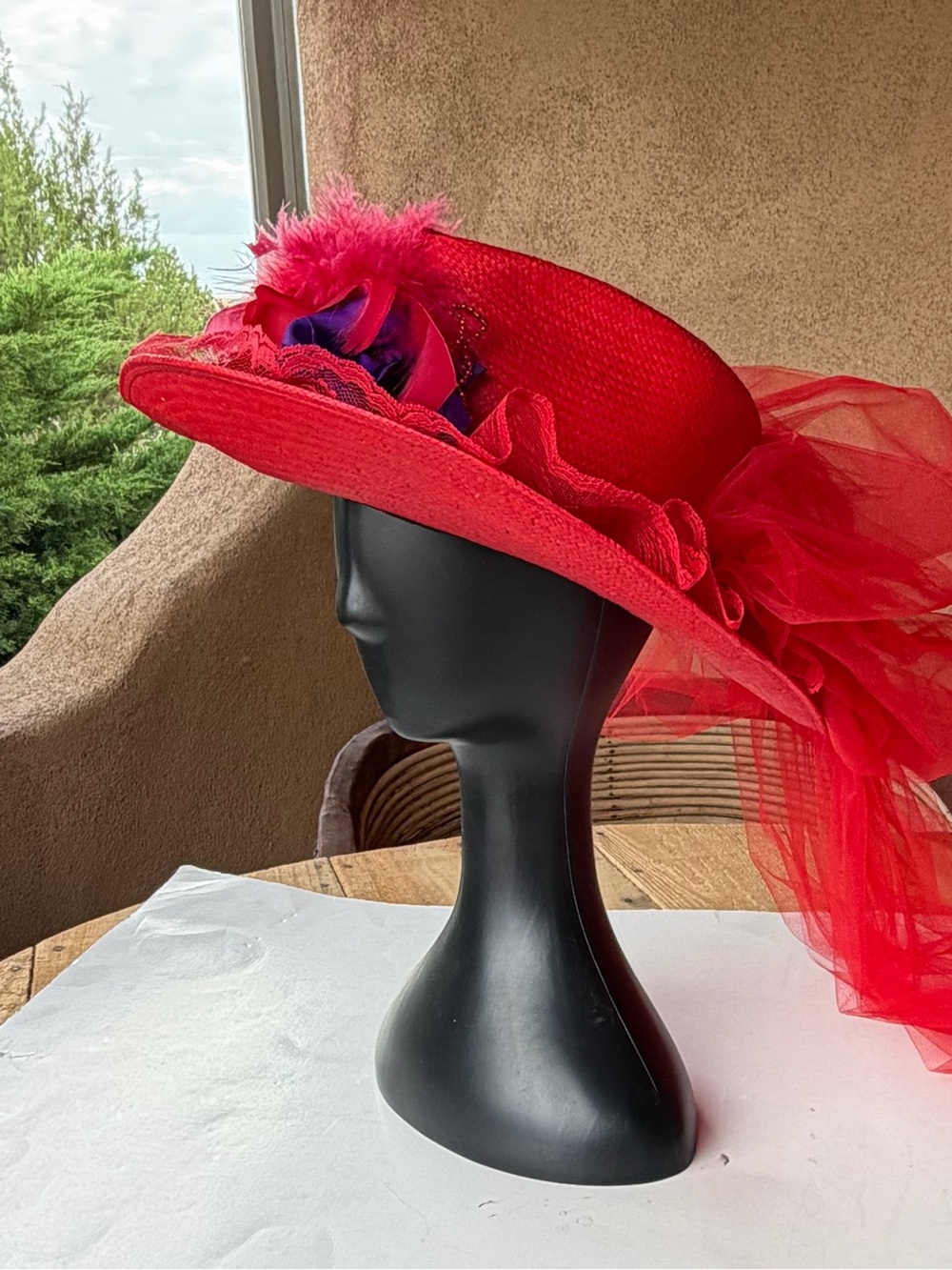 Vintage Elsie Massey Red Wide Brim Straw Derby Church Hat Tulle Lace Feather